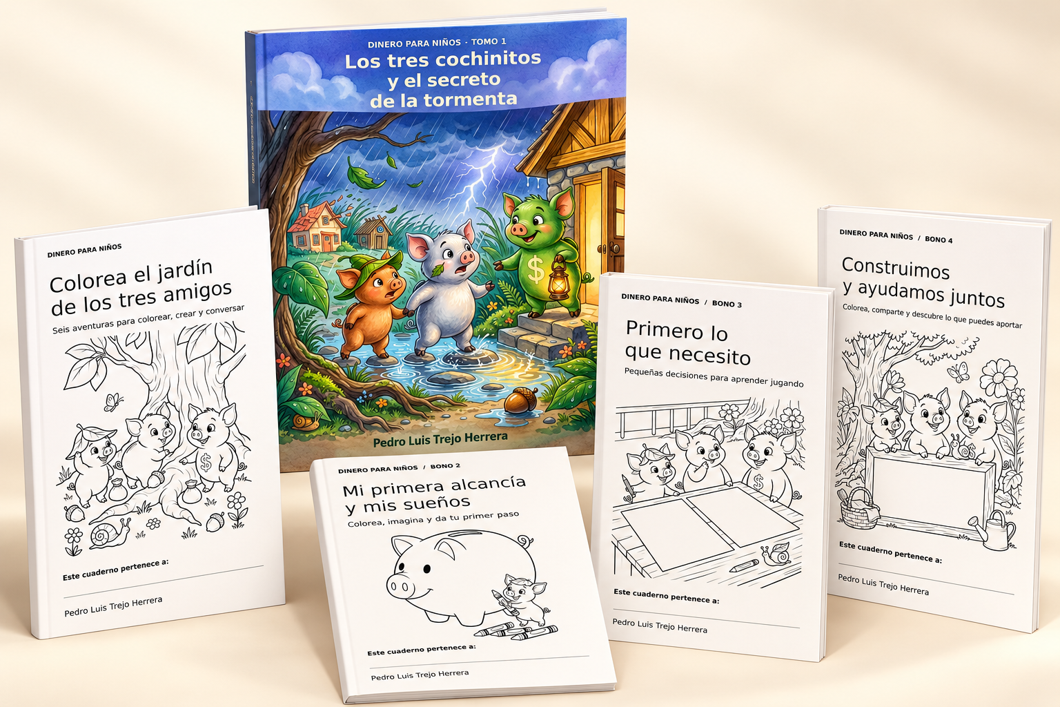 Paquete digital: cuento “Los tres cochinitos y el secreto de la tormenta” y cuatro cuadernos de actividades en español